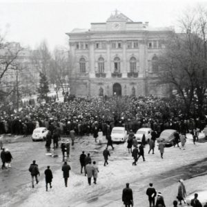 Polish students, their teachers and others gather in front of universities to protest in March 1968