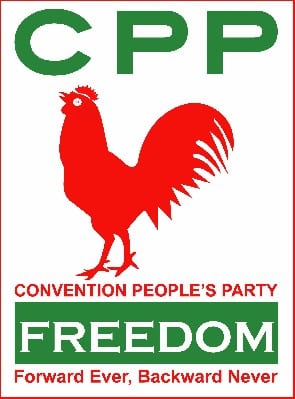 Red cockerel, "Forward Ever, Backward Never": Convention People's Party logo and slogan