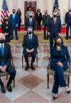 President Joe Biden and Vice President Kamala Harris, joined by the Presidential Cabinet members, pose for a Cabinet portrait Thursday, April 1, 2021, in the Grand Foyer of the White House