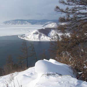 View on River Angara with the Shaman Stone and on Lake Baikal from Chersky Stone