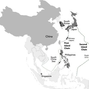 Map showing locations of select strategic U.S. military installations (indicated by stars) along the first and second island chains in the Indo-Pacific.