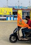 Saffron flag on bike during Ram Temple Inauguration Day